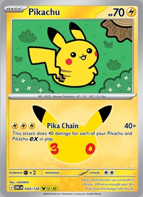 Pikachu #034 30th Celebration PSA 10